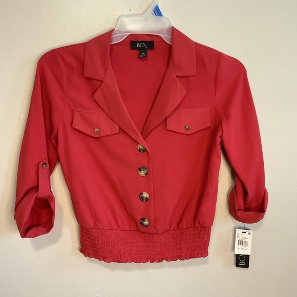 BCX Tops - Red Preppy Formal Office Cropped Minimalist Top with leopard print buttons XS